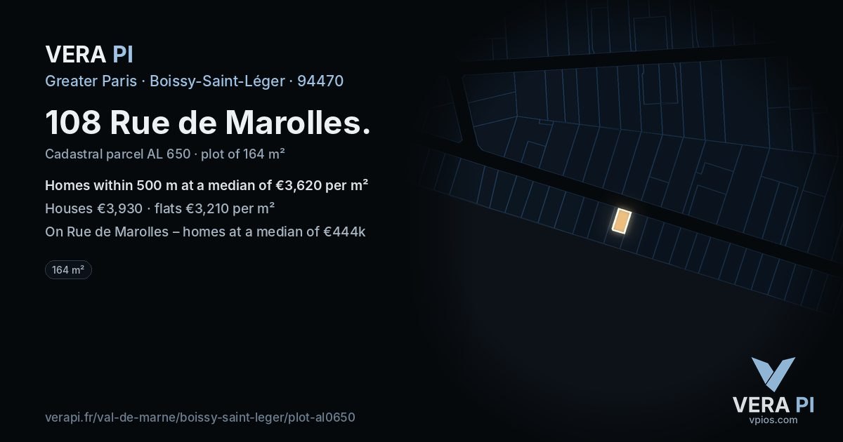 108 Rue de Marolles, Boissy-Saint-Léger at night – the plot lit, the parcels around coloured by the prices near them
