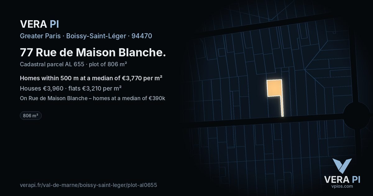 77 Rue de Maison Blanche, Boissy-Saint-Léger at night – the plot lit, the parcels around coloured by the prices near them