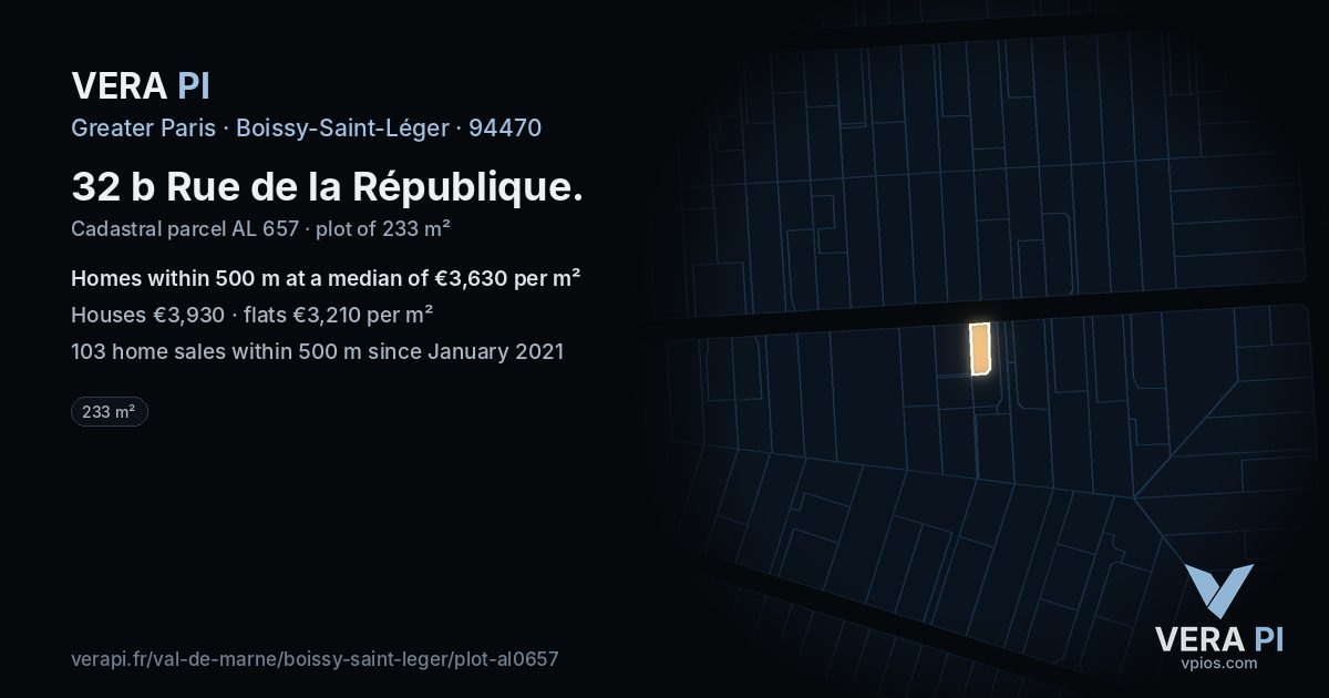 32 b Rue de la République, Boissy-Saint-Léger at night – the plot lit, the parcels around coloured by the prices near them