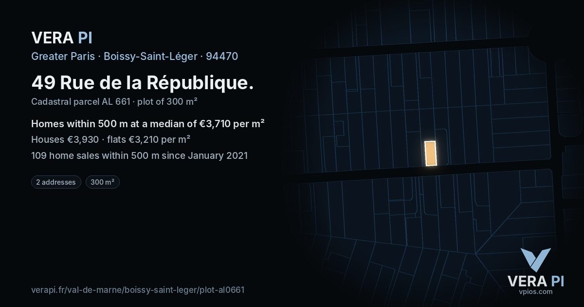 49 Rue de la République, Boissy-Saint-Léger at night – the plot lit, the parcels around coloured by the prices near them