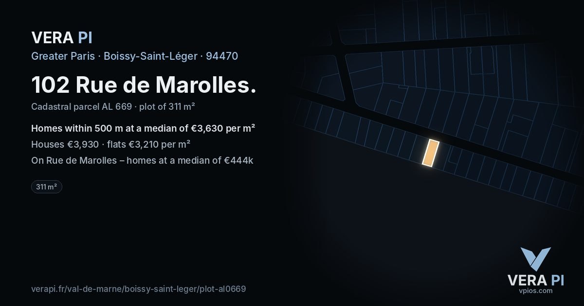 102 Rue de Marolles, Boissy-Saint-Léger at night – the plot lit, the parcels around coloured by the prices near them