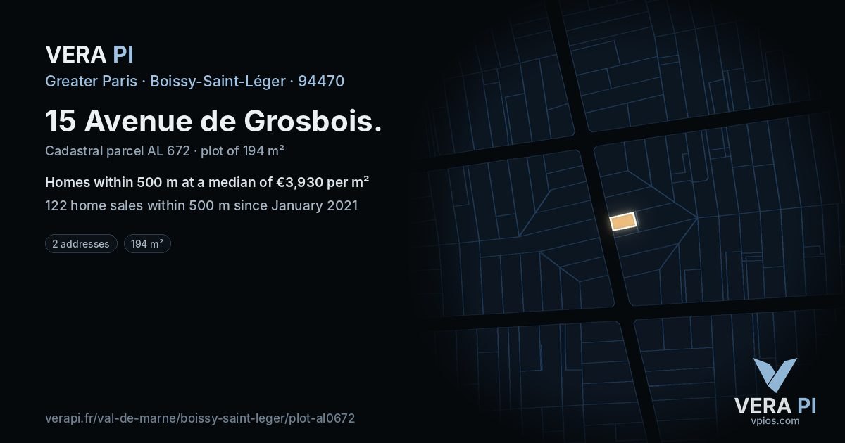 15 Avenue de Grosbois, Boissy-Saint-Léger at night – the plot lit, the parcels around coloured by the prices near them