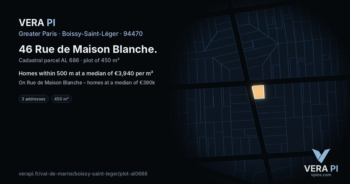 46 Rue de Maison Blanche, Boissy-Saint-Léger at night – the plot lit, the parcels around coloured by the prices near them
