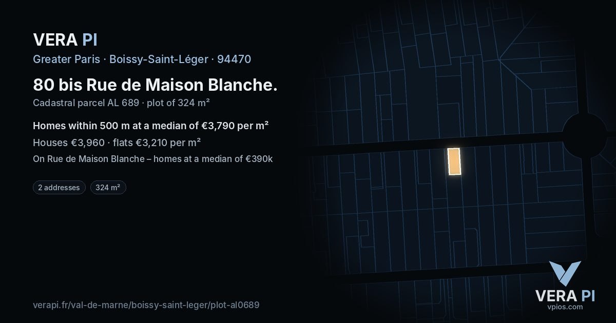 80 bis Rue de Maison Blanche, Boissy-Saint-Léger at night – the plot lit, the parcels around coloured by the prices near them