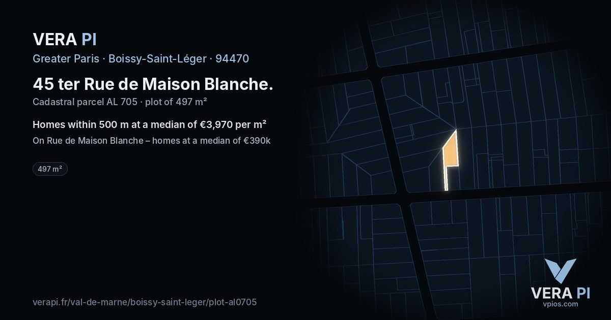 45 ter Rue de Maison Blanche, Boissy-Saint-Léger at night – the plot lit, the parcels around coloured by the prices near them