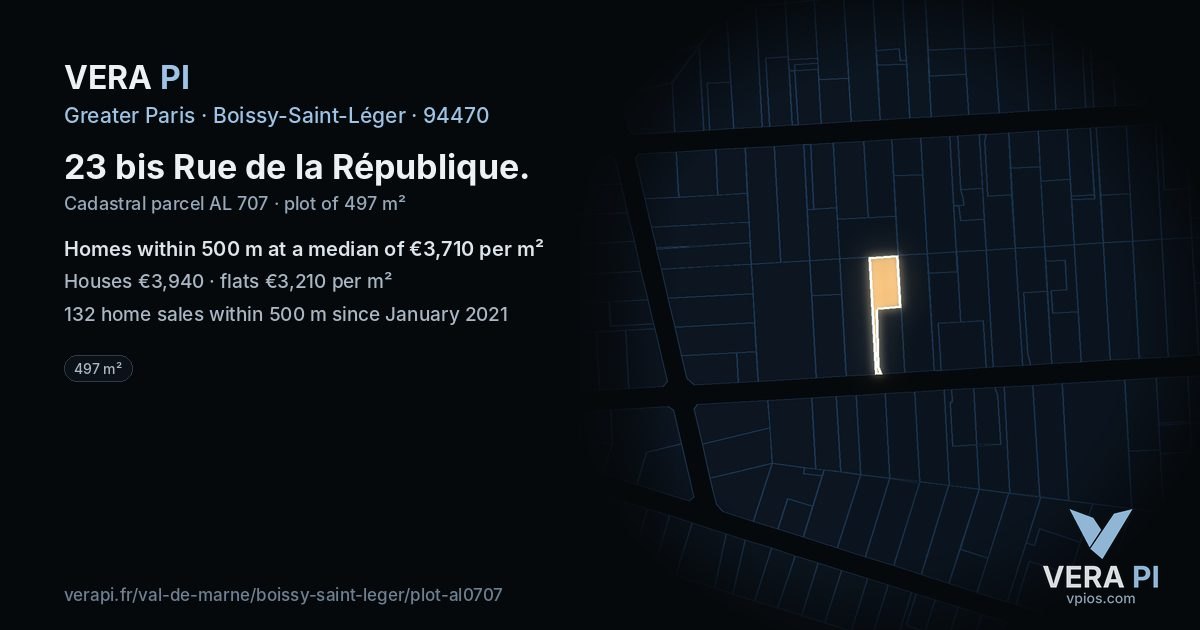 23 bis Rue de la République, Boissy-Saint-Léger at night – the plot lit, the parcels around coloured by the prices near them