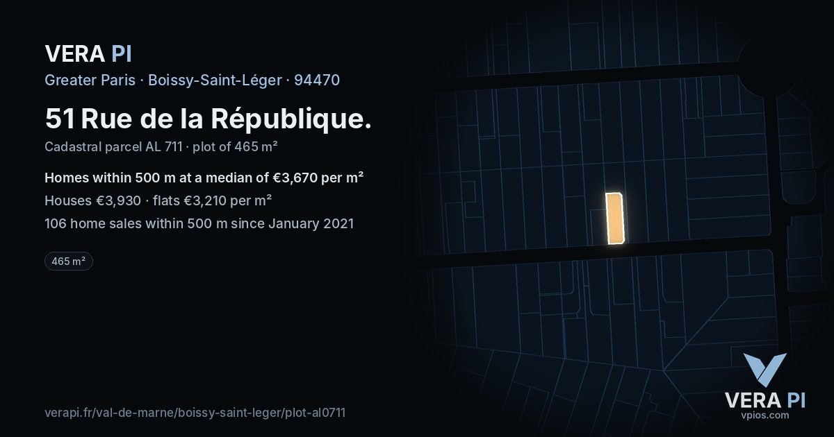 51 Rue de la République, Boissy-Saint-Léger at night – the plot lit, the parcels around coloured by the prices near them