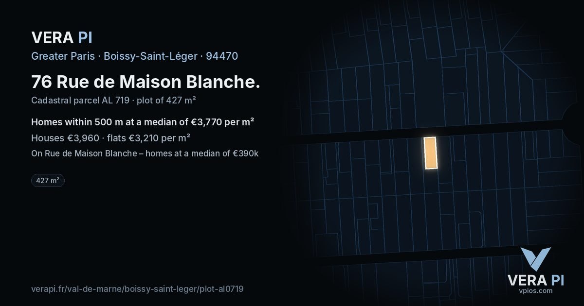 76 Rue de Maison Blanche, Boissy-Saint-Léger at night – the plot lit, the parcels around coloured by the prices near them