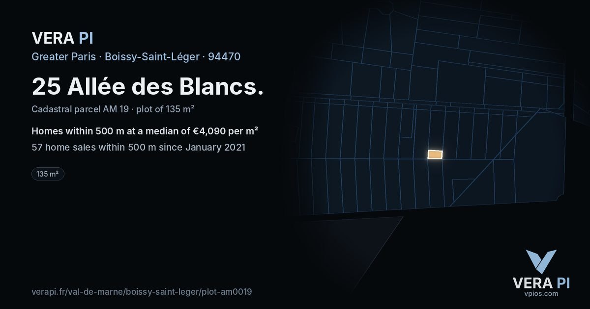 25 Allée des Blancs, Boissy-Saint-Léger at night – the plot lit, the parcels around coloured by the prices near them