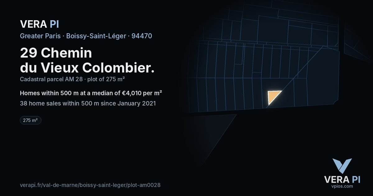 29 Chemin du Vieux Colombier, Boissy-Saint-Léger at night – the plot lit, the parcels around coloured by the prices near them