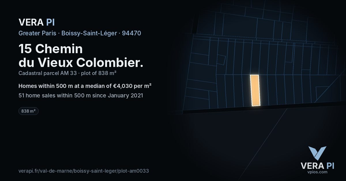 15 Chemin du Vieux Colombier, Boissy-Saint-Léger at night – the plot lit, the parcels around coloured by the prices near them
