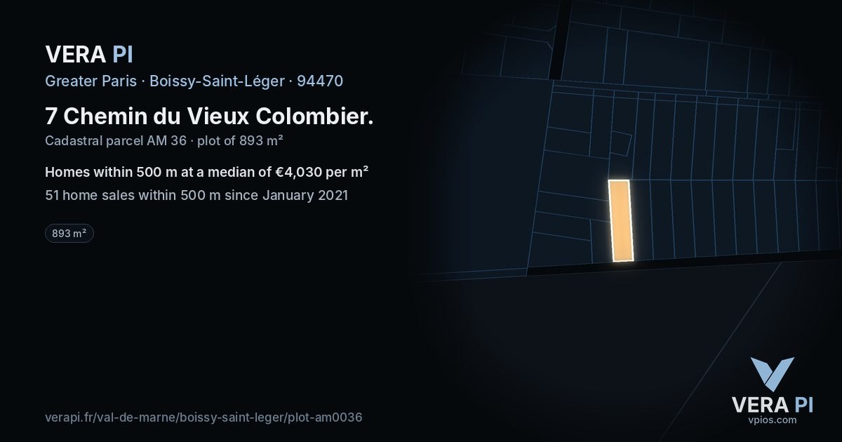 7 Chemin du Vieux Colombier, Boissy-Saint-Léger at night – the plot lit, the parcels around coloured by the prices near them