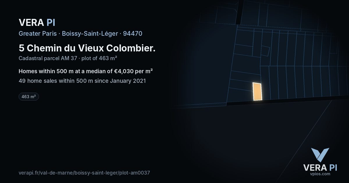 5 Chemin du Vieux Colombier, Boissy-Saint-Léger at night – the plot lit, the parcels around coloured by the prices near them
