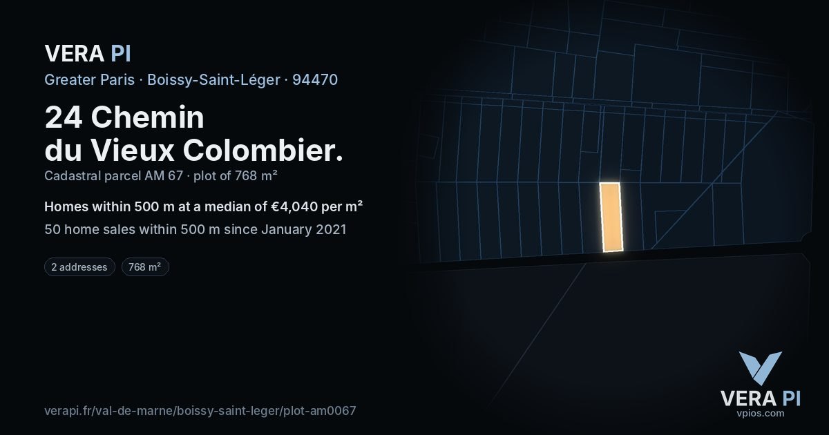 24 Chemin du Vieux Colombier, Boissy-Saint-Léger at night – the plot lit, the parcels around coloured by the prices near them