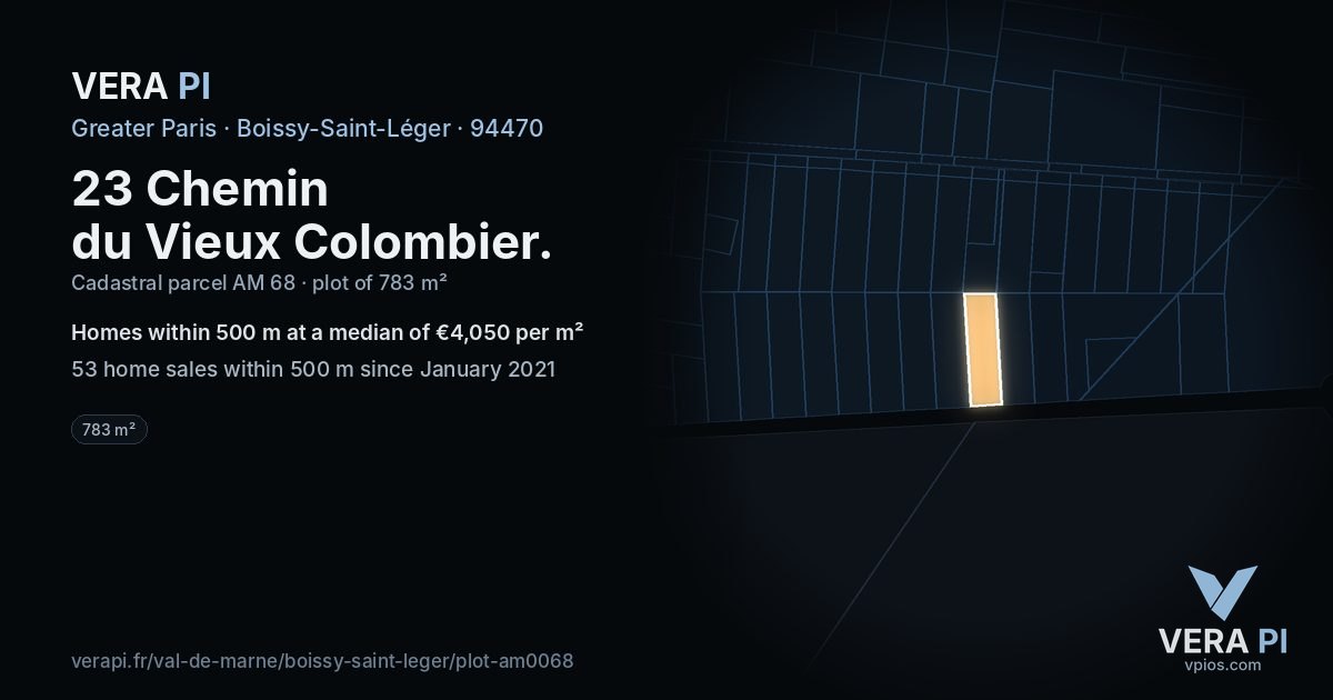 23 Chemin du Vieux Colombier, Boissy-Saint-Léger at night – the plot lit, the parcels around coloured by the prices near them