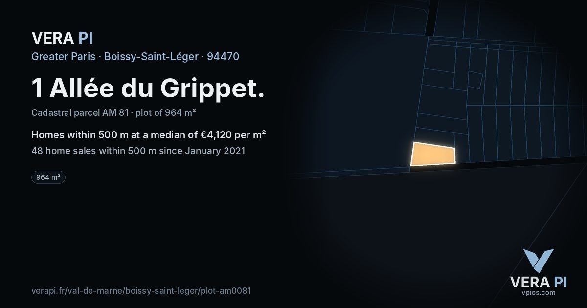 1 Allée du Grippet, Boissy-Saint-Léger at night – the plot lit, the parcels around coloured by the prices near them