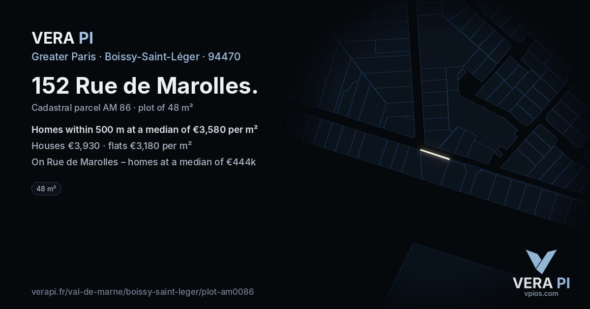 152 Rue de Marolles, Boissy-Saint-Léger at night – the plot lit, the parcels around coloured by the prices near them