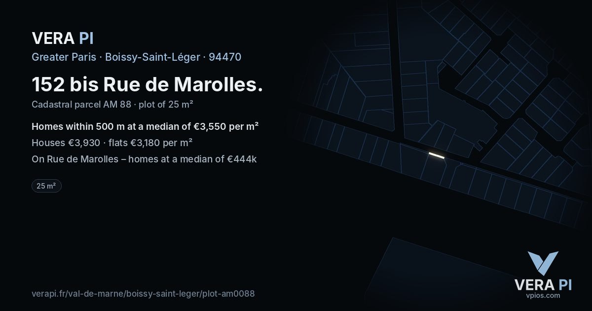 152 bis Rue de Marolles, Boissy-Saint-Léger at night – the plot lit, the parcels around coloured by the prices near them