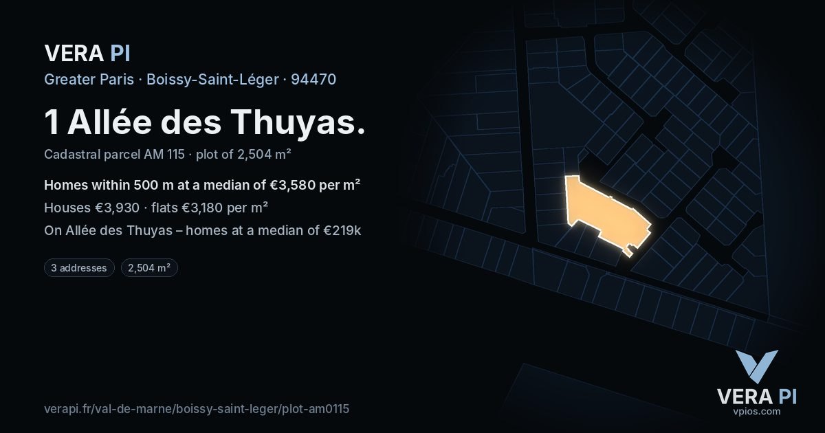 1 Allée des Thuyas, Boissy-Saint-Léger at night – the plot lit, the parcels around coloured by the prices near them