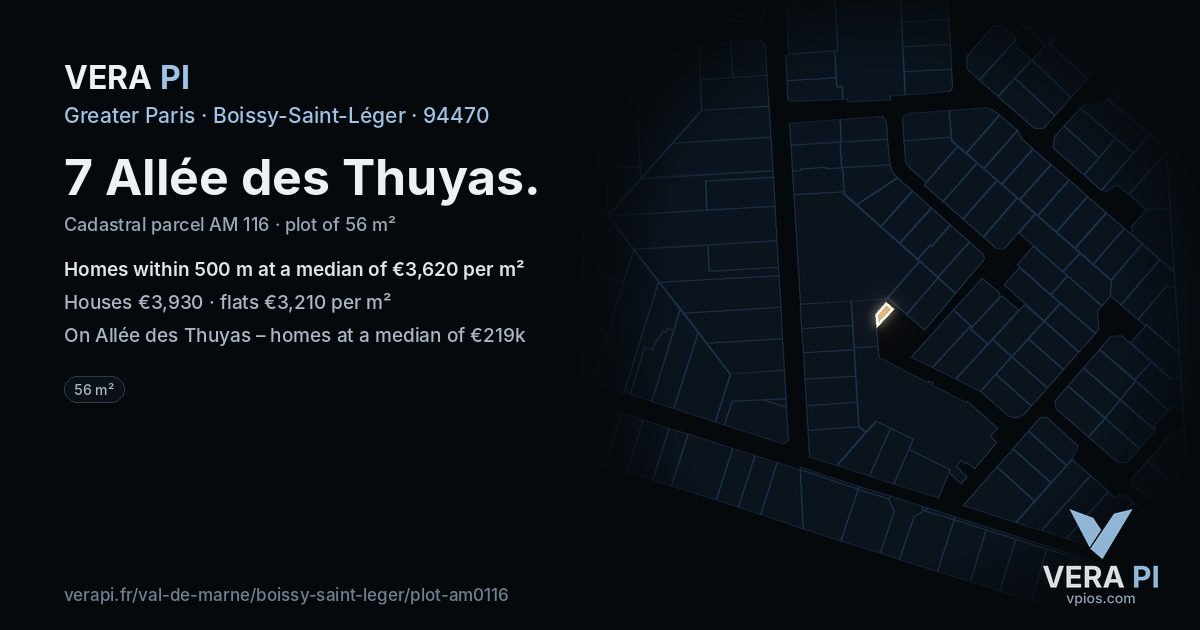 7 Allée des Thuyas, Boissy-Saint-Léger at night – the plot lit, the parcels around coloured by the prices near them