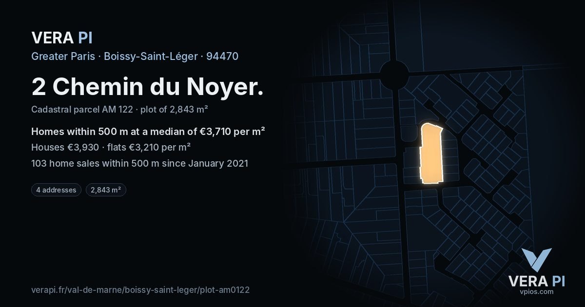 2 Chemin du Noyer, Boissy-Saint-Léger at night – the plot lit, the parcels around coloured by the prices near them