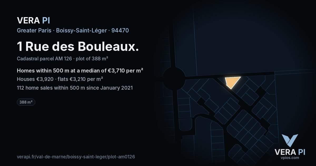 1 Rue des Bouleaux, Boissy-Saint-Léger at night – the plot lit, the parcels around coloured by the prices near them