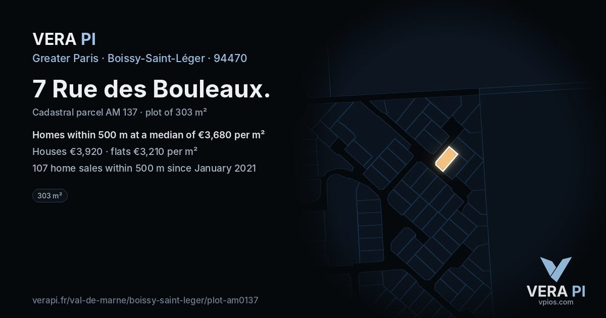 7 Rue des Bouleaux, Boissy-Saint-Léger at night – the plot lit, the parcels around coloured by the prices near them