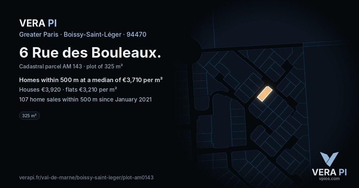 6 Rue des Bouleaux, Boissy-Saint-Léger at night – the plot lit, the parcels around coloured by the prices near them
