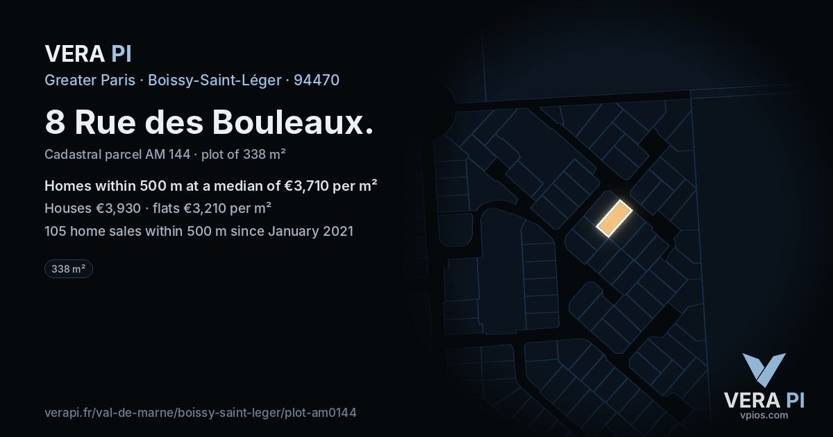 8 Rue des Bouleaux, Boissy-Saint-Léger at night – the plot lit, the parcels around coloured by the prices near them