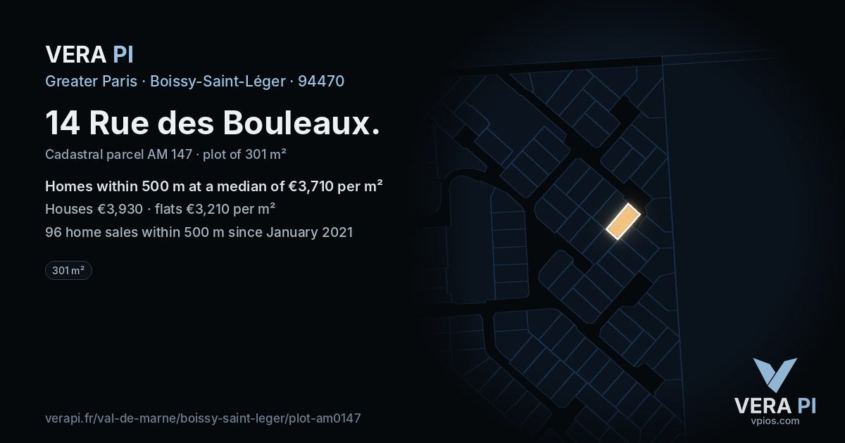 14 Rue des Bouleaux, Boissy-Saint-Léger at night – the plot lit, the parcels around coloured by the prices near them