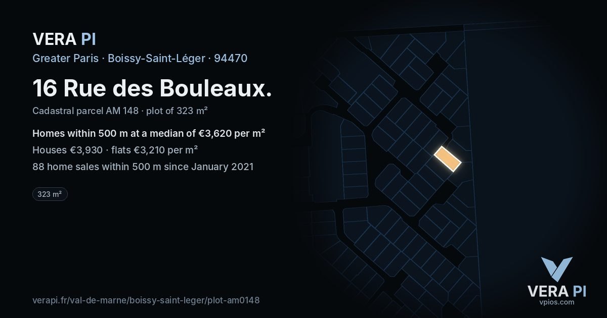 16 Rue des Bouleaux, Boissy-Saint-Léger at night – the plot lit, the parcels around coloured by the prices near them