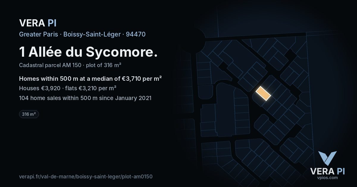 1 Allée du Sycomore, Boissy-Saint-Léger at night – the plot lit, the parcels around coloured by the prices near them