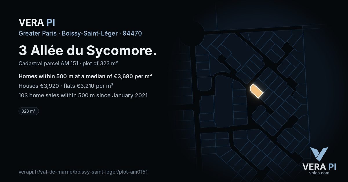 3 Allée du Sycomore, Boissy-Saint-Léger at night – the plot lit, the parcels around coloured by the prices near them
