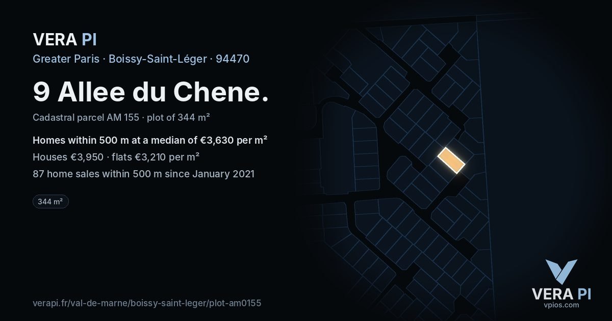 9 Allee du Chene, Boissy-Saint-Léger at night – the plot lit, the parcels around coloured by the prices near them