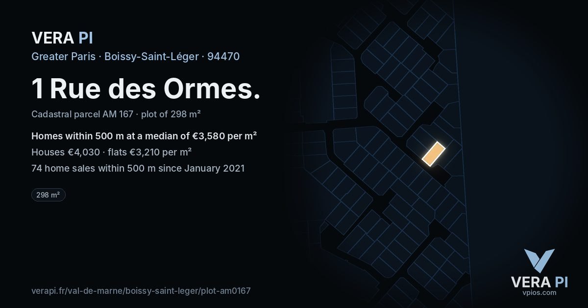 1 Rue des Ormes, Boissy-Saint-Léger at night – the plot lit, the parcels around coloured by the prices near them