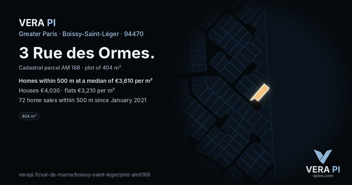 3 Rue des Ormes, Boissy-Saint-Léger at night – the plot lit, the parcels around coloured by the prices near them