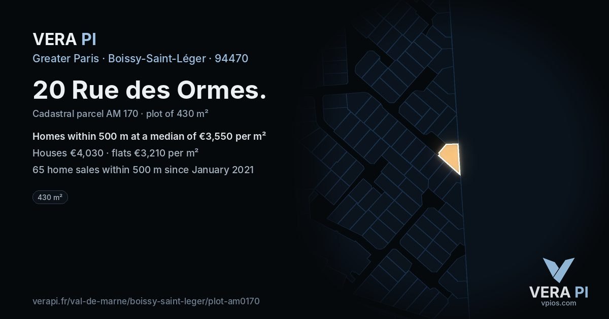 20 Rue des Ormes, Boissy-Saint-Léger at night – the plot lit, the parcels around coloured by the prices near them