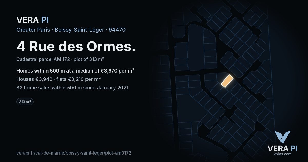 4 Rue des Ormes, Boissy-Saint-Léger at night – the plot lit, the parcels around coloured by the prices near them