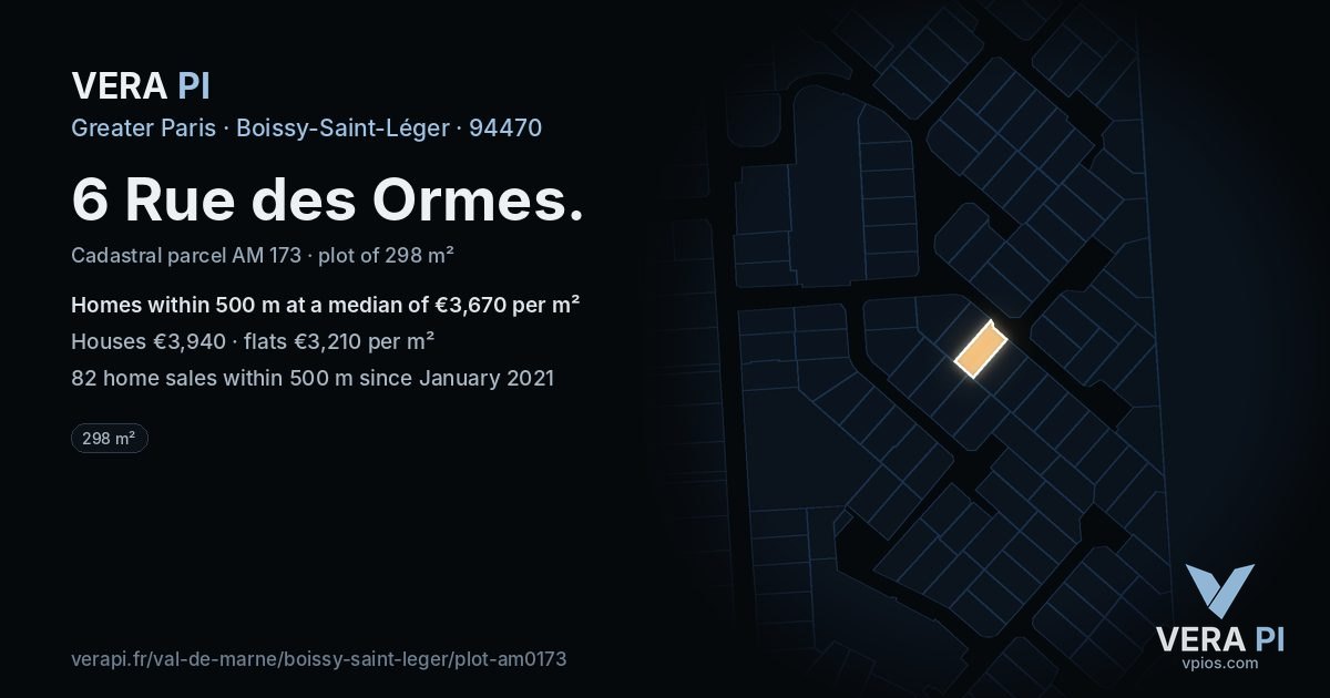 6 Rue des Ormes, Boissy-Saint-Léger at night – the plot lit, the parcels around coloured by the prices near them