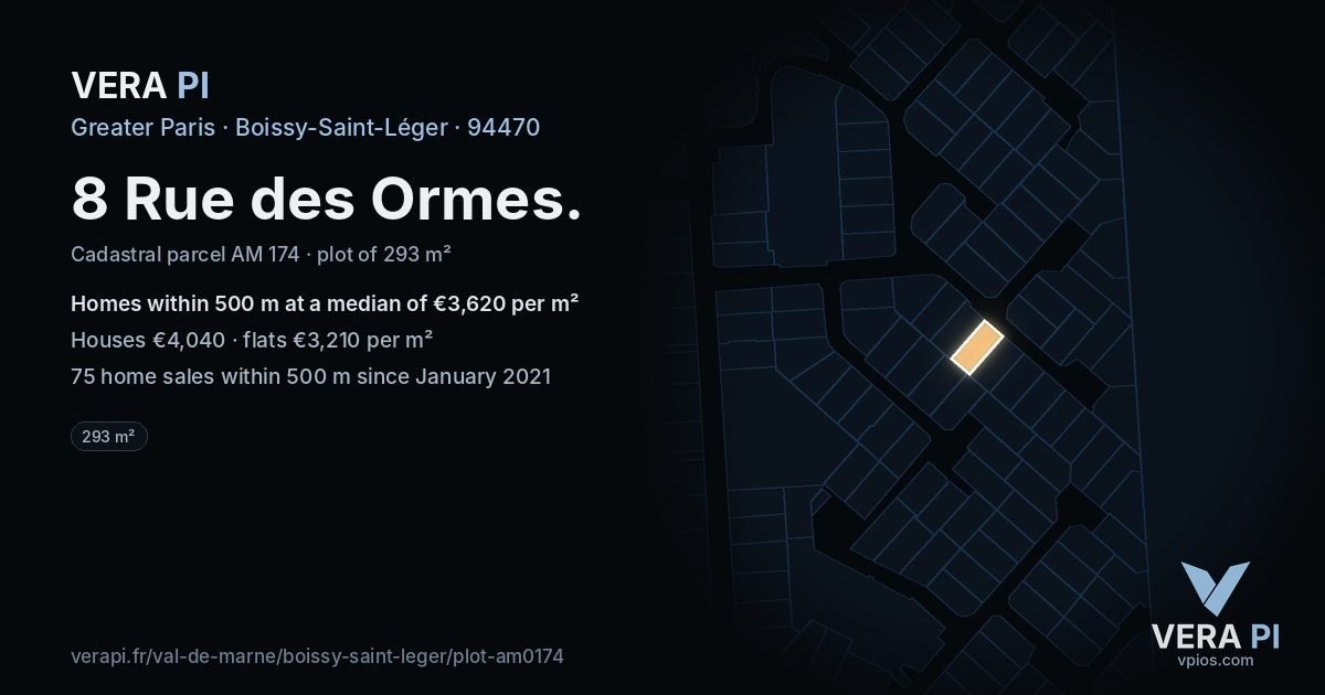 8 Rue des Ormes, Boissy-Saint-Léger at night – the plot lit, the parcels around coloured by the prices near them