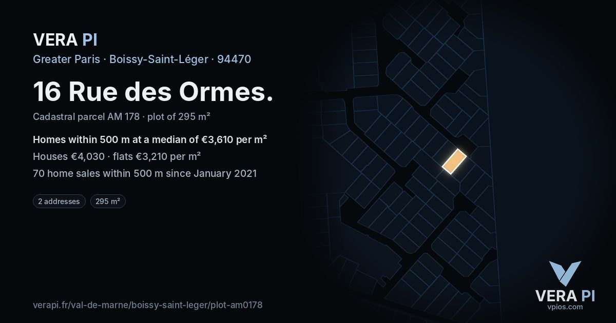 16 Rue des Ormes, Boissy-Saint-Léger at night – the plot lit, the parcels around coloured by the prices near them