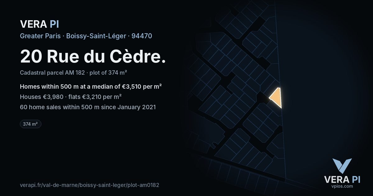 20 Rue du Cèdre, Boissy-Saint-Léger at night – the plot lit, the parcels around coloured by the prices near them
