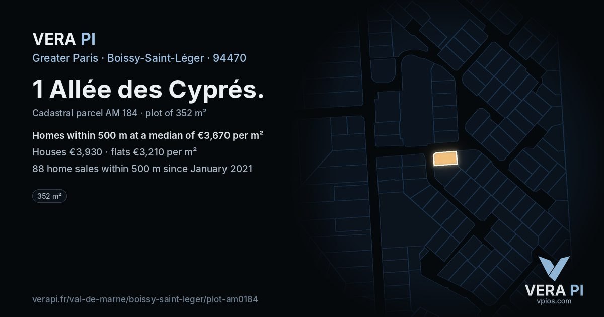 1 Allée des Cyprés, Boissy-Saint-Léger at night – the plot lit, the parcels around coloured by the prices near them