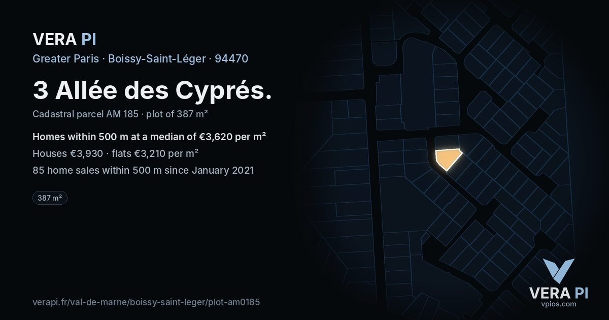 3 Allée des Cyprés, Boissy-Saint-Léger at night – the plot lit, the parcels around coloured by the prices near them