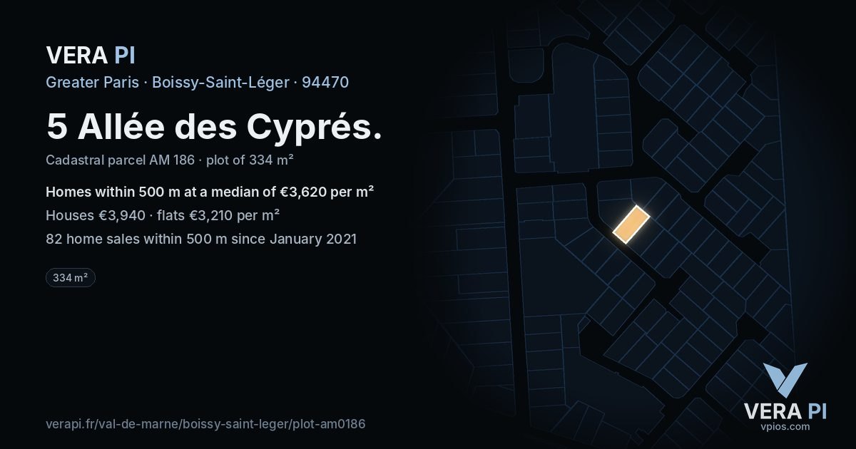 5 Allée des Cyprés, Boissy-Saint-Léger at night – the plot lit, the parcels around coloured by the prices near them