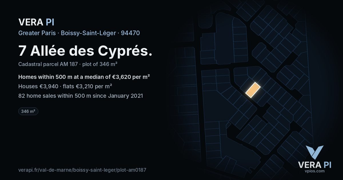 7 Allée des Cyprés, Boissy-Saint-Léger at night – the plot lit, the parcels around coloured by the prices near them