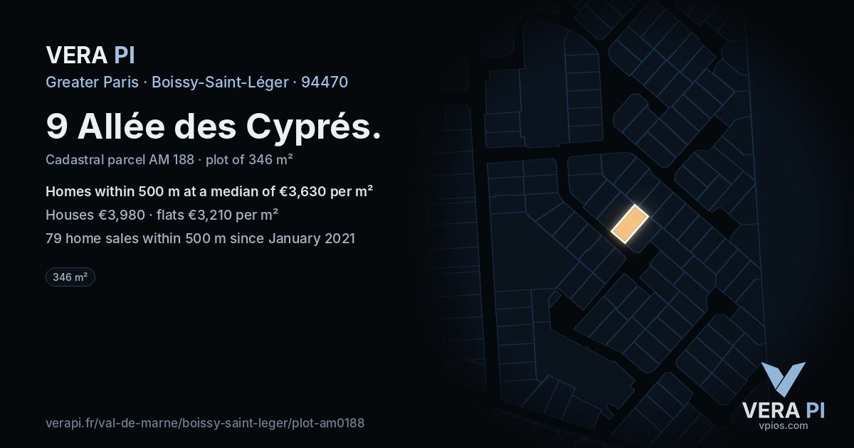 9 Allée des Cyprés, Boissy-Saint-Léger at night – the plot lit, the parcels around coloured by the prices near them