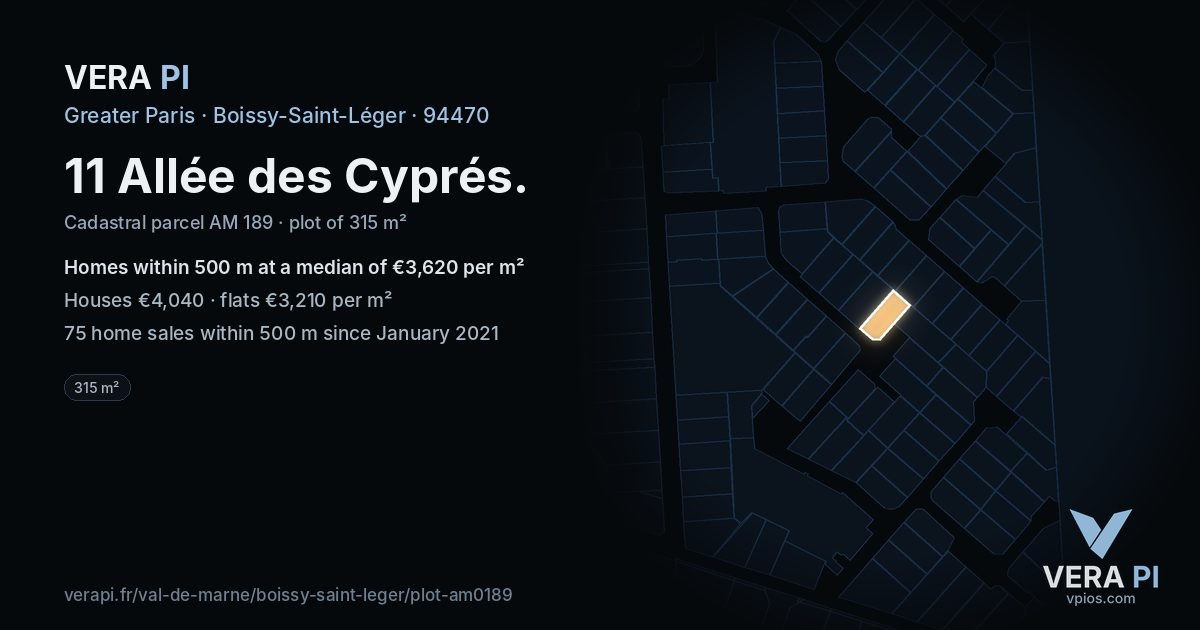 11 Allée des Cyprés, Boissy-Saint-Léger at night – the plot lit, the parcels around coloured by the prices near them