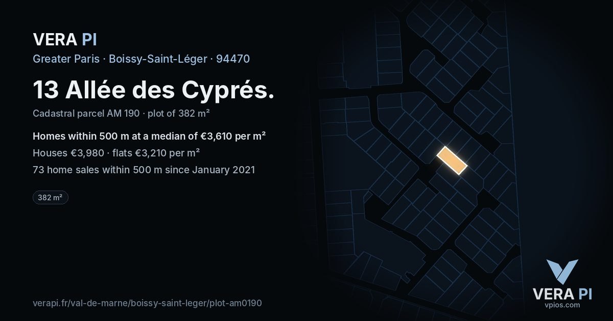 13 Allée des Cyprés, Boissy-Saint-Léger at night – the plot lit, the parcels around coloured by the prices near them