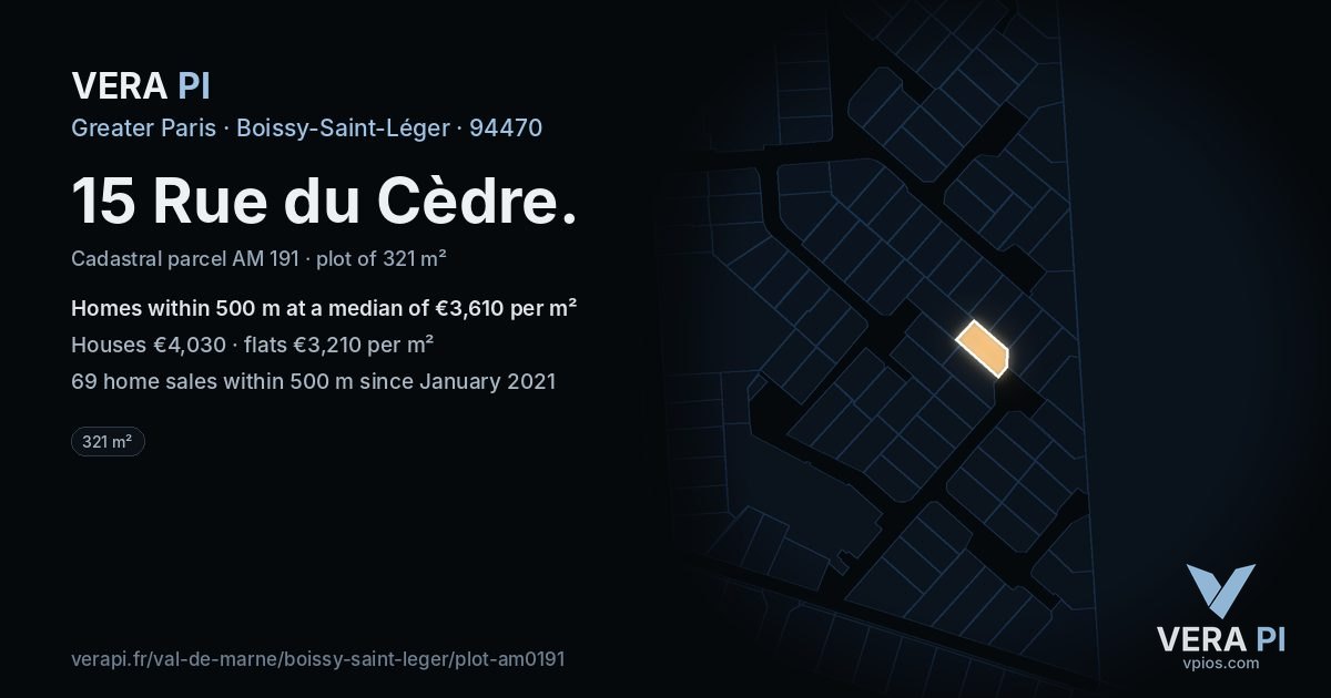 15 Rue du Cèdre, Boissy-Saint-Léger at night – the plot lit, the parcels around coloured by the prices near them